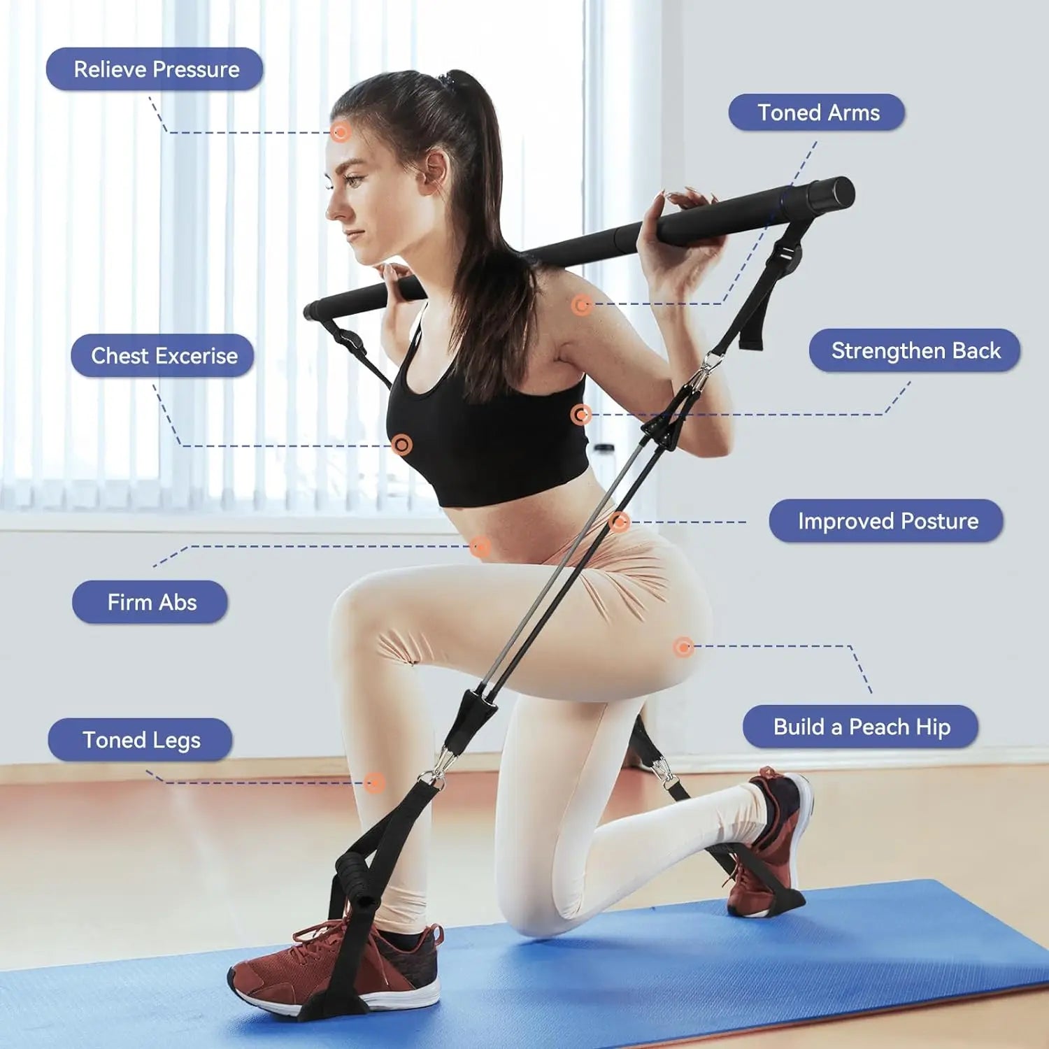Portable Pilates Bar Set with Resistance Bands for Home Fitness - Total Body Workouts, Chest Expansion, Back Training, and Body Stretch - Image 6